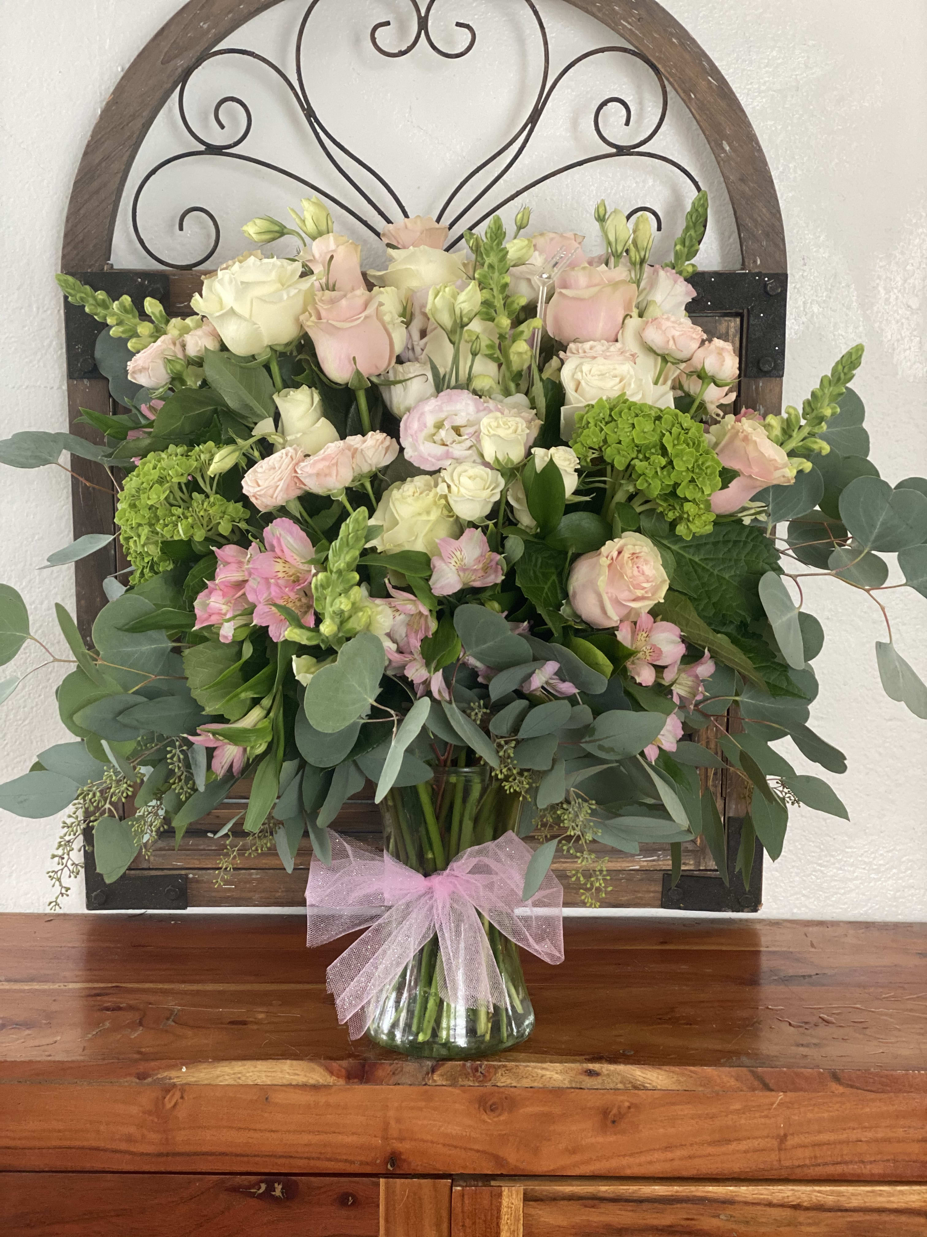 Blush blush - Amazing tall blush color arrangement in glass vase with 3 different eucalyptus. 