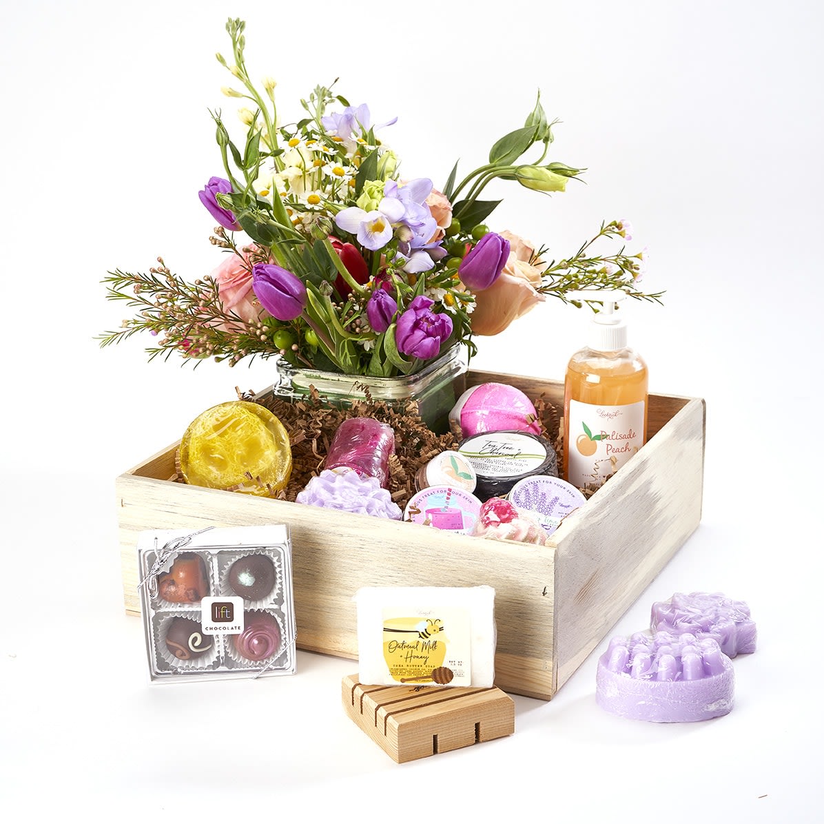 Bath Beauty Flowers and Chocolate Bath Beauty Flowers and Chocolate - Colorado made Bath Products, Colorado made Chocolate and a fresh Market arrangement . 9 Different Colorado made Spa and Bath products, a f pack of handmade Chocolate truffles and a seasonal flower arrangement.