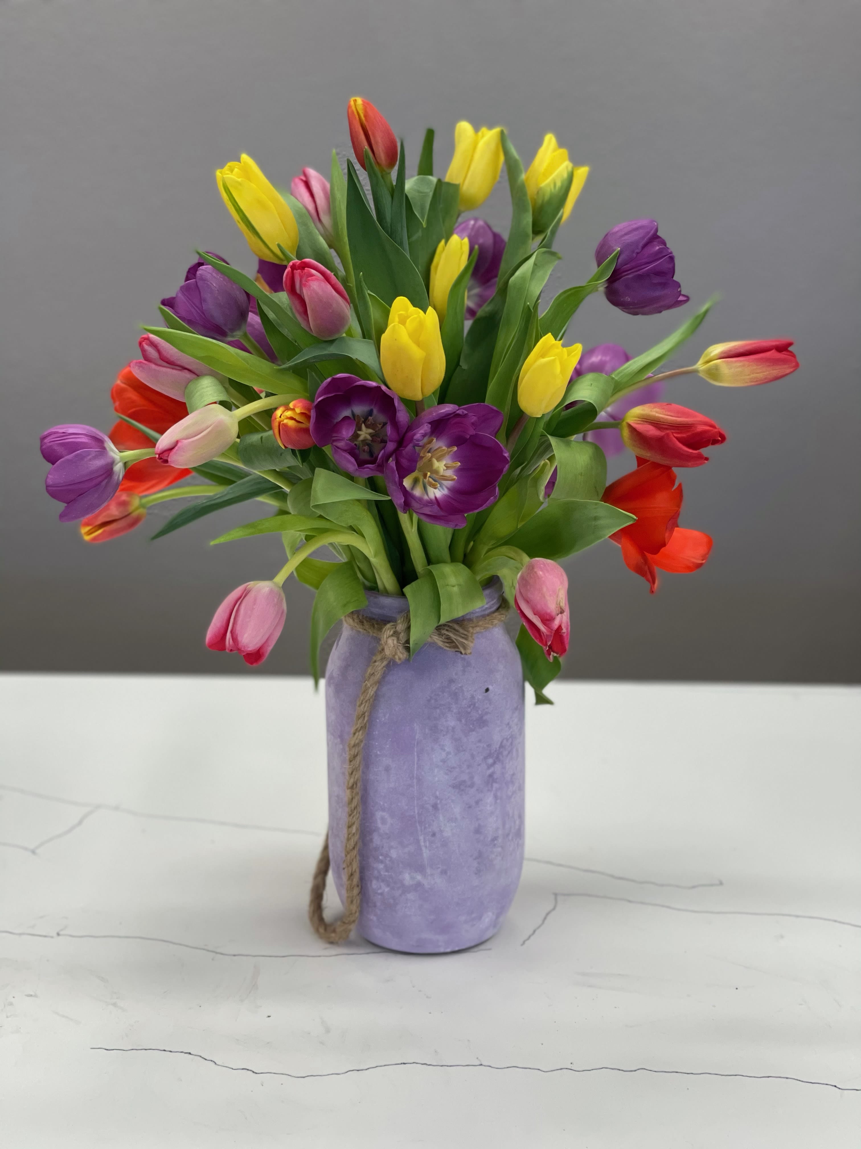 Garden Glamour Garden Glamour - 35 multicolor tulips in a handcrafted mason jar are jubilant in welcoming spring!