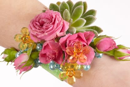 Prom and Special events Wrist Corsage - Bright Blooms combined with Succulents personal flowers to wear 