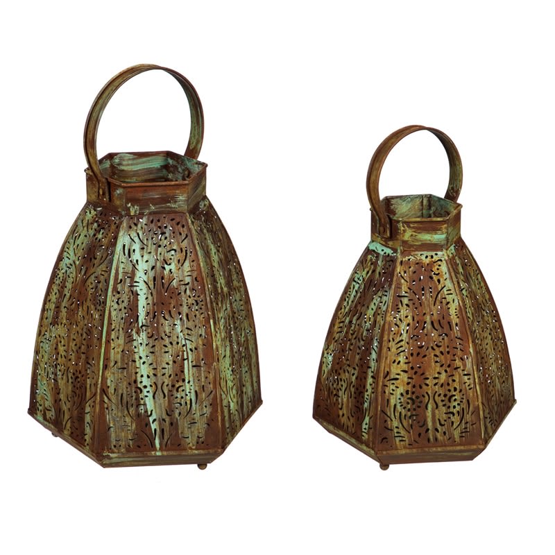 Green Oxide Metal Lanterns Set of 2 - This set of 2 green lanterns are made of metal which has been oxidized to give it a rusted patina color. There are piercings along the sides with flower or leaf designs that when illuminated create beautiful shadows. Candles not included. 