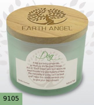 Dog Earth Angel Candle - This 12 Ounce 2 wick lead free candle made with natural soy. Measures 4 3/8&quot;Wide and 3 1/4&quot; High crafted with a wood embossed lid. Clean burning and soot free with a pleasant vanilla fragrance. Will burn for over 35 hours. Dog- A dog is a loving companion, so much joy and laughter it brings. It is an &quot;Earth Angel&quot; sent from above, so treat it kindly and give it plenty of love. The friendship of a dog can't be beat and I hope this candle reminds you to give your dog a treat.