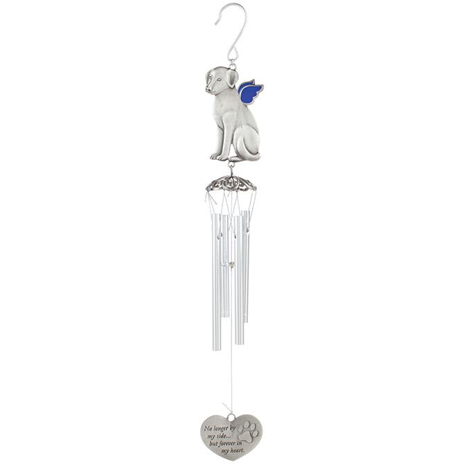 No Longer By My Side, But forever In My Heart Dog Chime No Longer By My Side, But forever In My Heart Dog Chime - This dog with wings pewter chime is 17.5 inches in length and features a sail that reads "No longer by my side, but forever in my heart." with paw print. Back side of sail is engravable.