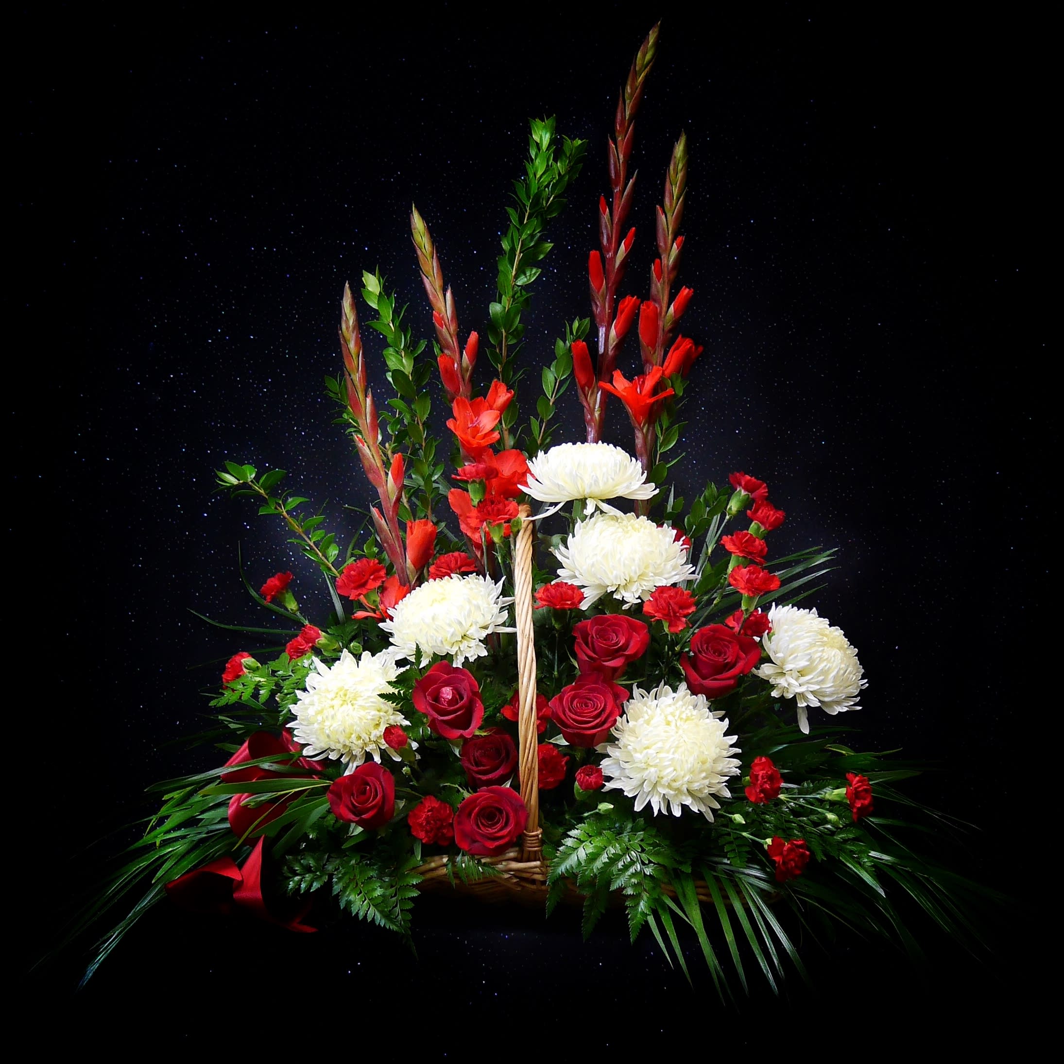 Thoughtful Wishes - Beautiful basket including gladiolus, rose, mum, astroemeria and greens.