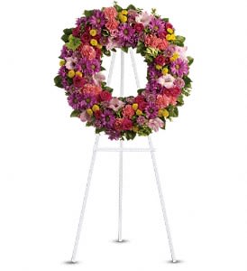  Ringed by Love - The memory of brighter days is always a comfort to those in mourning. This lovely wreath will display your compassion beautifully.  A standing wreath of dazzling flowers such as green hydrangea, hot pink spray roses, pink gladioli and carnations along with a mélange of multi-colored daisy spray and cushion spray chrysanthemums and greenery is delivered on an easel.  Approximately 25&quot; W x 25&quot; H  Orientation: One-Sided