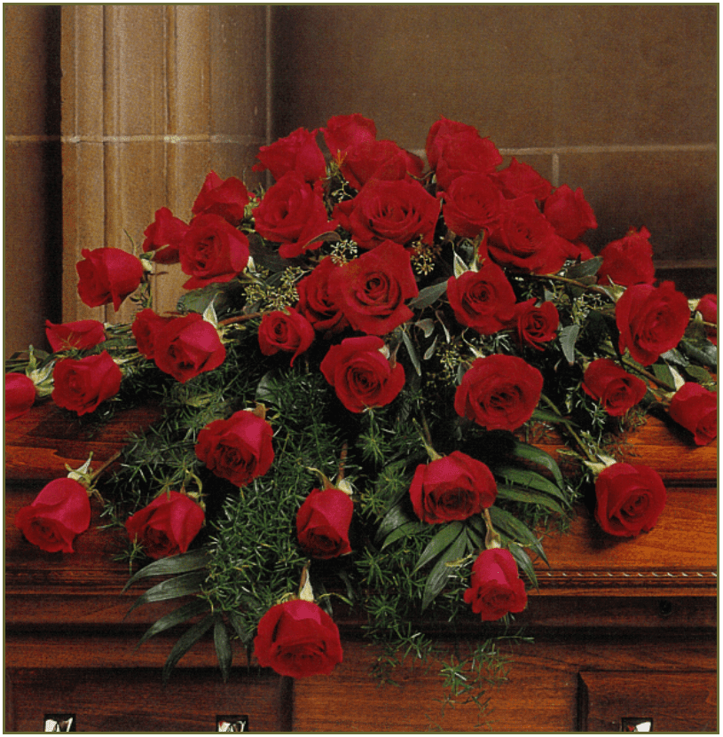 Blooming Red Roses Casket Spray - Red Roses and Greenery. Half couch.