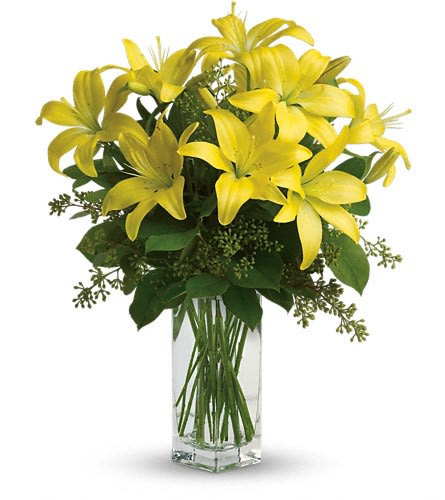 Teleflora's Lily Sunshine Teleflora's Lily Sunshine - When it comes to spring flowers the lily reigns supreme. It's easy to see why in this gorgeous bouquet of bright yellow blooms. A fabulous bouquet of yellow asiatic lilies salal and seeded eucalyptus are delivered in a divine bunch vase.Approximately 16 1/4" W x 20 1/4" H Orientation: All-Around As Shown : T140-2ADeluxe : T140-2BPremium : T140-2C