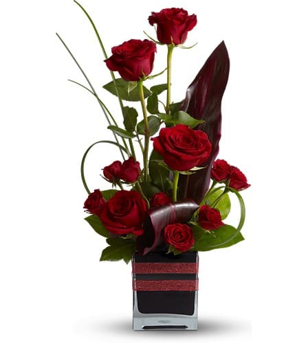 Teleflora's Romance Roses Teleflora's Romance Roses - Roses the traditional flower of love receive a modern twist in this imaginative bouquet stylishly presented in a black contemporary glass cube vase. An excitingly different way to say "I love you." The trendy bouquet includes red roses and red spray roses accented with assorted greenery arranged in modern shapes. Delivered in a black contemporary glass cube vase decorated with red ribbon. Bouquet is approximately 20" H x 11 1/2" W Orientation: All-Around As Shown : TFWEB611 Available for local delivery only