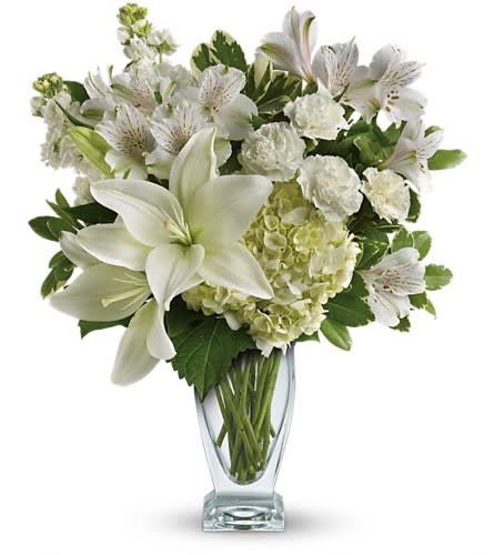 Teleflora's Purest Love Bouquet Teleflora's Purest Love Bouquet - Who's the fairest of them all? This snow-white bouquet. A stunning statement of your purest love this mix of hydrangea and lilies in a Couture vase will take their heart away. This snow-white bouquet includes hydrangea asiatic lilies alstroemeria miniature carnations stock and fresh green pittosporum. Delivered in a Couture vase.Approximately 14" W x 17" H Orientation: One-Sided As Shown : TEV30-2ADeluxe : TEV30-2BPremium : TEV30-2C