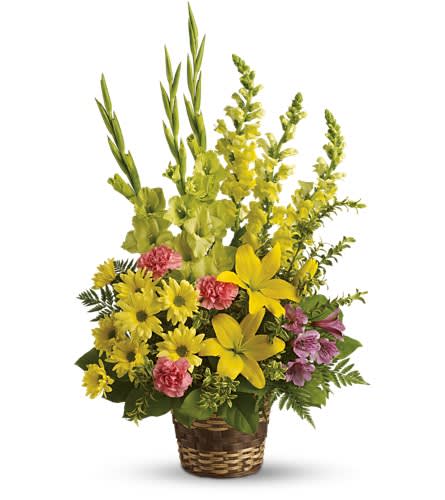 Vivid Recollections Vivid Recollections - This glorious basket of beautiful blossoms will send hope and let those you care for know that grief is a path they needn't walk alone. Bright flowers such as yellow asiatic lilies snapdragons and daisy spray chrysanthemums along with green gladioli purple alstroemeria and fresh greenery are beautifully delivered in a natural basket.Approximately 19" W x 30" H Orientation: One-Sided As Shown : T218-4A