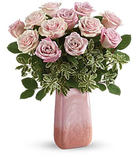 Teleflora's Rose Couture Bouquet - Make Mother's Day a high-fashion affair to remember with this posh pink present! 12 lush pink roses look absolutely divine in this cherry quartz-inspired art glass vase. 