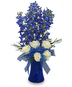 Hanukkah Arrangement Hanukkah Arrangement - Gorgeous piece to send your loved ones - styled with blue delphinium flowers with white roses in a blue vase