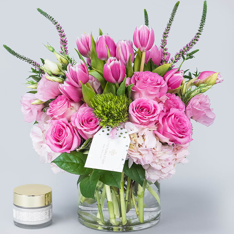 Delightfully Pink Delightfully Pink - Pink tulips, hydrangeas, roses and veronicas. All delightfully pink blooms!