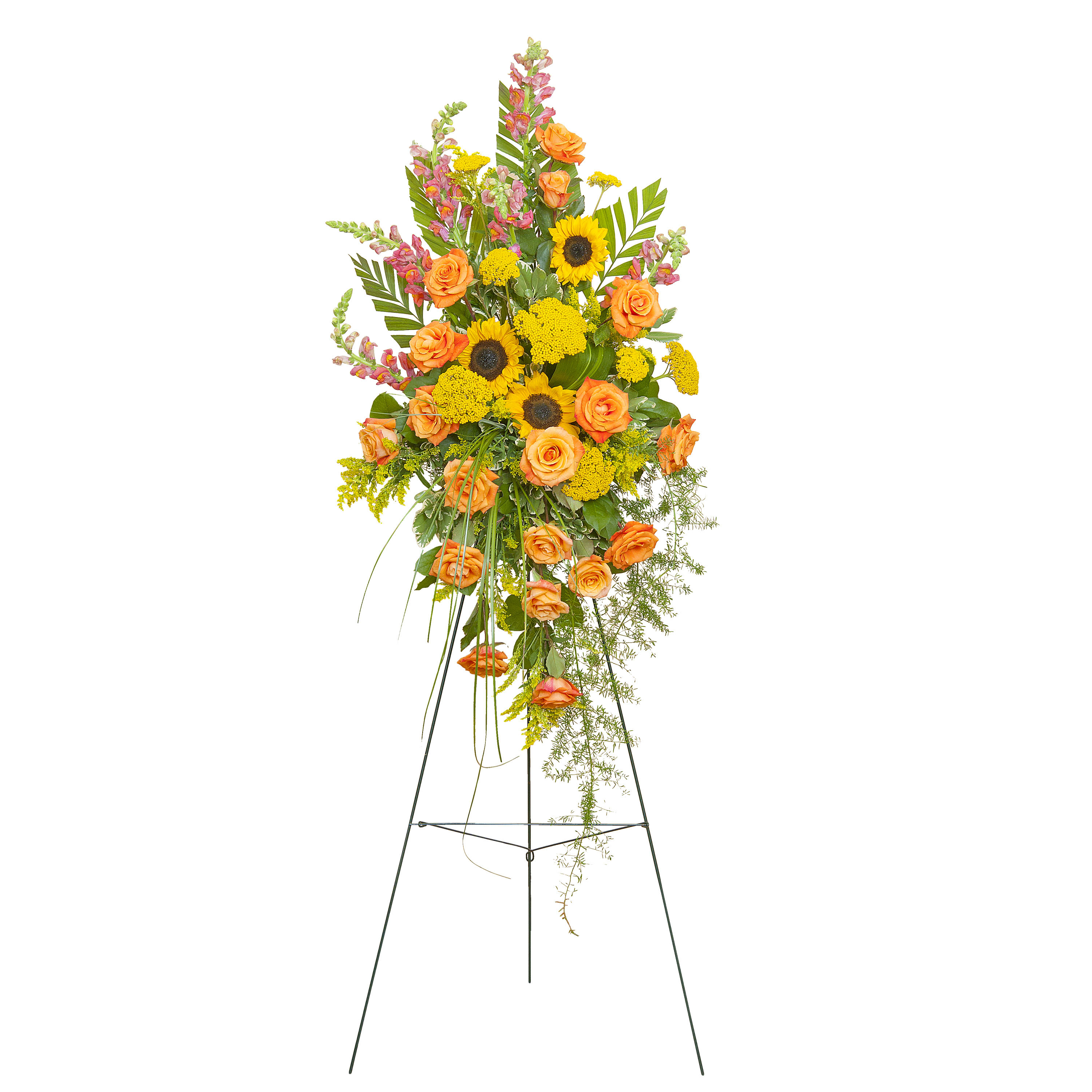 Heaven's Sunset Standing Spray TMF-705 - This beautiful easel spray includes Sunflowers, Roses, and Snapdragons with accents of premium flowers and foliage.	Approximately 16&quot; wide by 32&quot; high