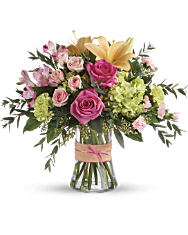 BLUSH LIFE BOUQUET - MIX FRESH ARRANGMENT OF ROSES, LILIES , HYDRANGEA AND CARNATIONS IN SPRING COLORS BRIGHT ENOUGH FOR ANY OCCASION