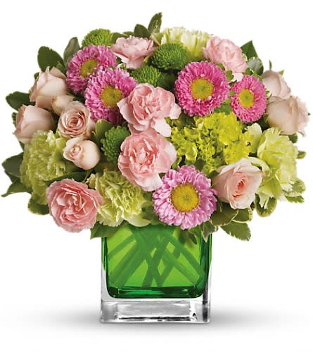 Make Her Day by Teleflora - Sweetly sophisticated this arrangement of green miniature hydrangea and light pink spray roses presented in our citrus green glass cube is the perfect gift. Includes green miniature hydrangea light pink spray roses green carnations pink miniature carnations pink matsumoto asters and green button spray chrysanthemums accented with assorted greens. Delivered in Teleflora's glass citrus cube.Approximately 11 1/4&quot; W x 11&quot; H Orientation: One-Sided As Shown : TEV20-3ADeluxe : TEV20-3BPremium : TEV20-3C