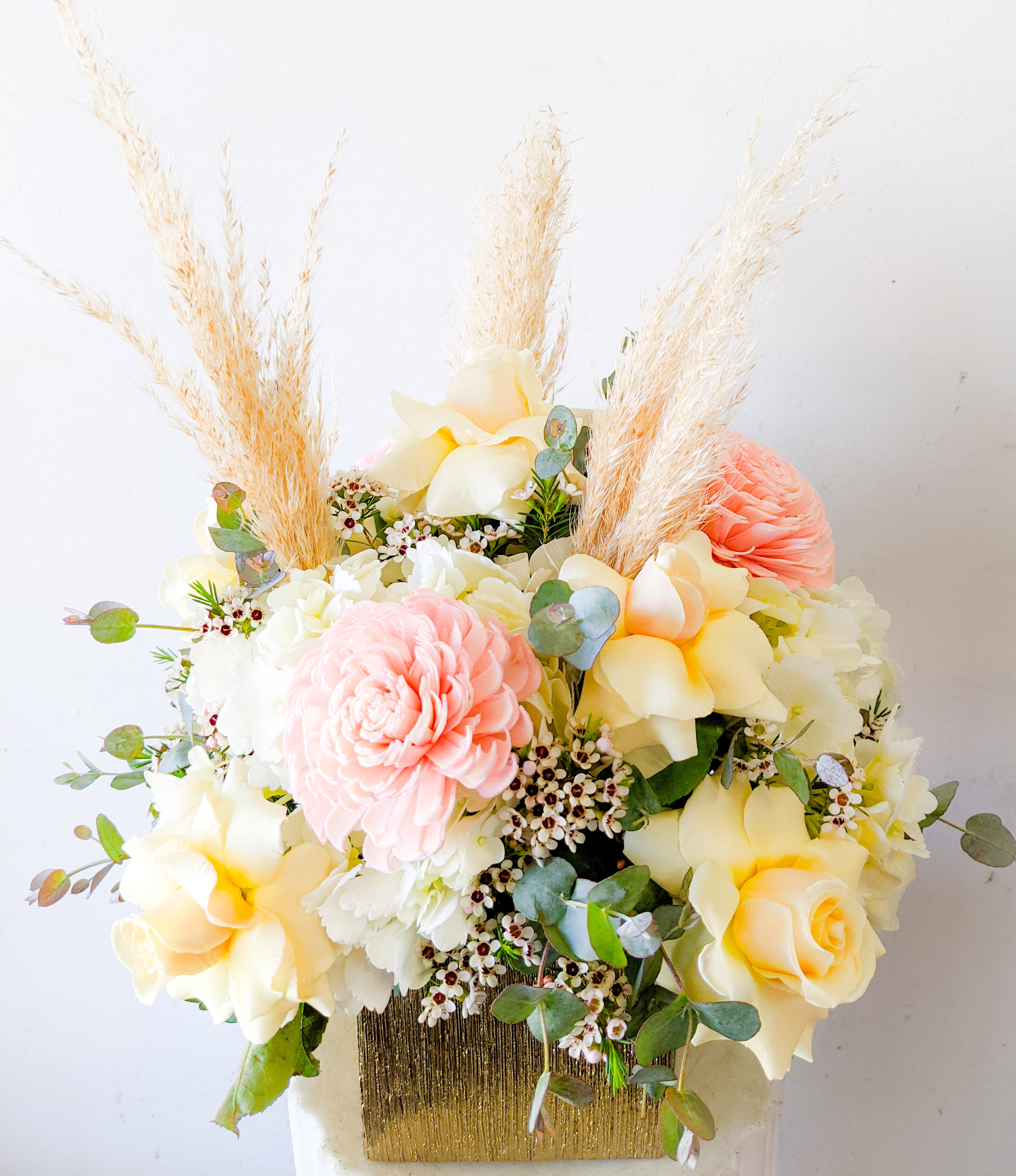 Boho Design - Gold ceramic square vase filled with roses, hydrangeas and boho accents, pampas grass and sola flowers(sustainable handmade flowers, made from the wood of a marshy plant).