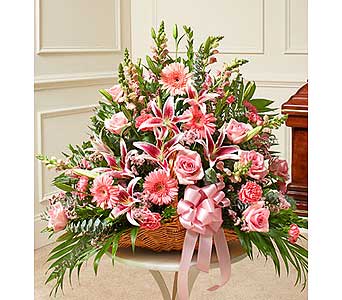Pink Fireside Basket Pink Fireside Basket - Express your deepest sympathies with this fireside basket that makes a touching tribute. As Shown : HUD-91201