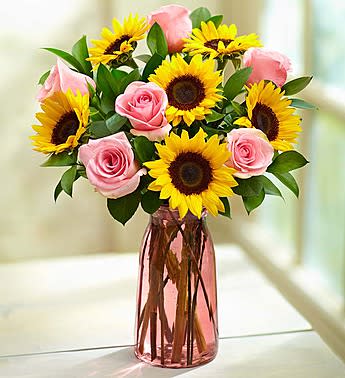 Ray of Sunshine Bouquet Ray of Sunshine Bouquet - A burst of sunshine can make all the difference in somebody’s day. That’s why we’ve created this charming bouquet, gathered fresh with golden sunflowers and sweet pink roses. Our bright, delightful blooms will bring a smile to that special person in your life…and that’s the most important gift of all.Gathering of sunflowers and light pink roses, accented with ruscus in a pink vase.