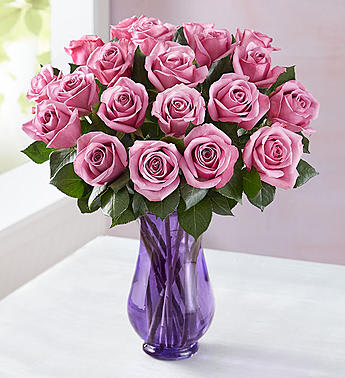 Passion for Purple Roses - Arrangement of 12 Stems of purple roses in a Purple Vase.
