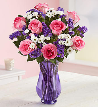 Precious Flower Arrangement  - Featuring a unique variety of blooms in a harmony of pinks, whites, and purples—this simple yet stunning arrangement is a beautiful way to remind Mom how precious she is. Gathering of pink roses, white santini, and purple statice; shades of pink may vary