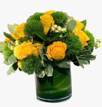VERDE YELLOW  - Green Dianthus, Yellow Roses and white Hypericum Berries acented with 