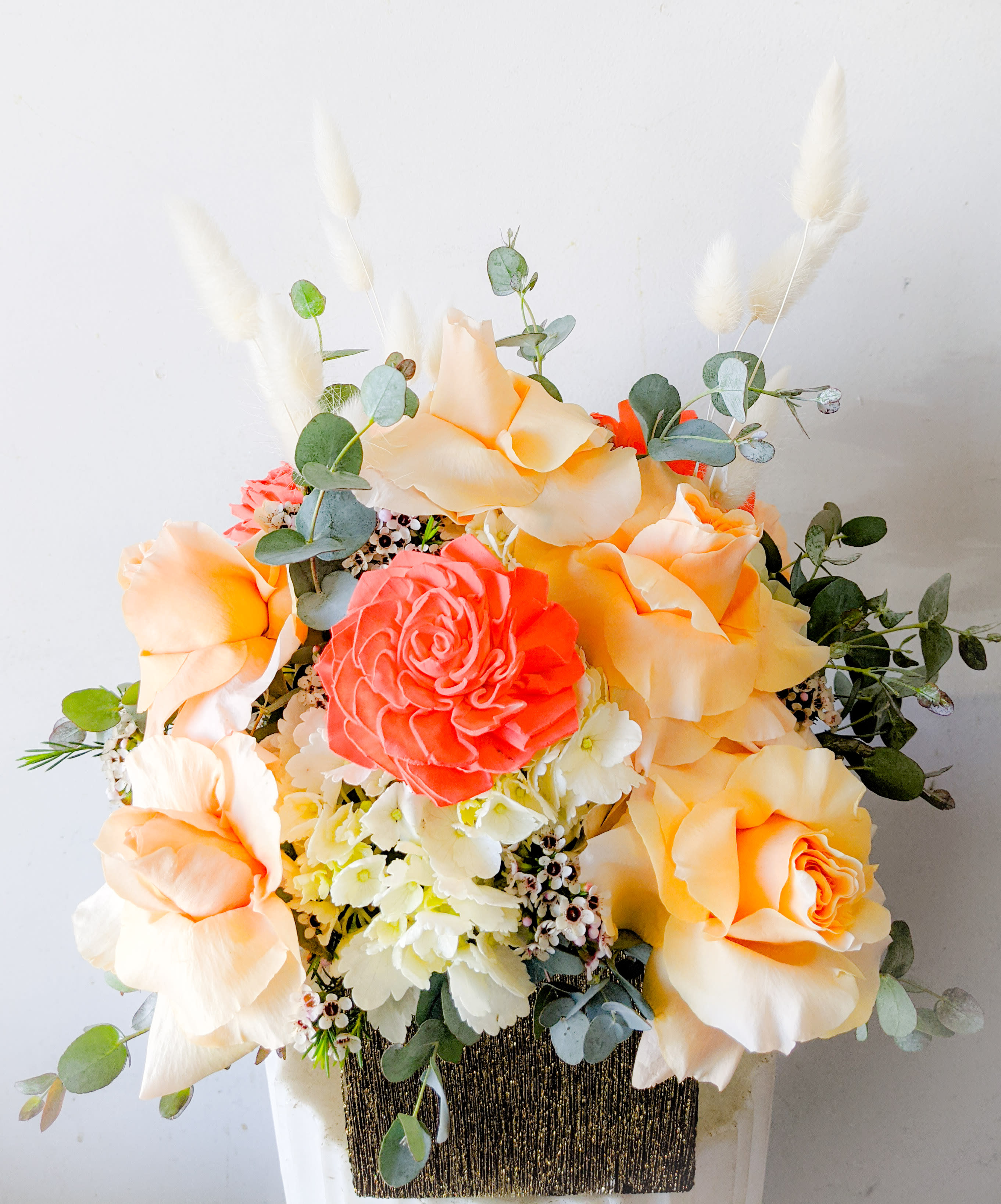 Boho Design-sola dahlias - Gold ceramic square vase filled with roses, hydrangeas and boho accents, bunny tails and sola flowers(sustainable handmade flowers, made from the wood of a marshy plant).