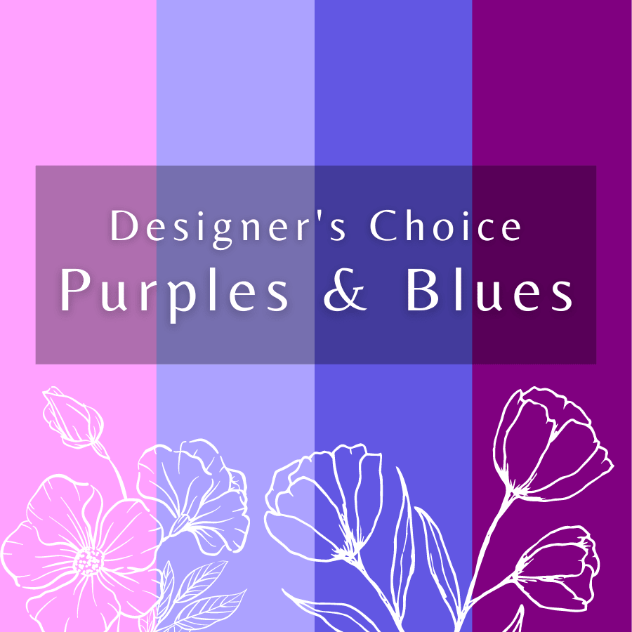 Shades of Purple and Blue Designer's Choice Shades of Purple and Blue Designer's Choice - Fresh flowers in shades of purple and blue arranged in a vase by our award-winning designers. Colors and styles vary based on our current stock. For further customization of the arrangement, call us at 860-848-1278.