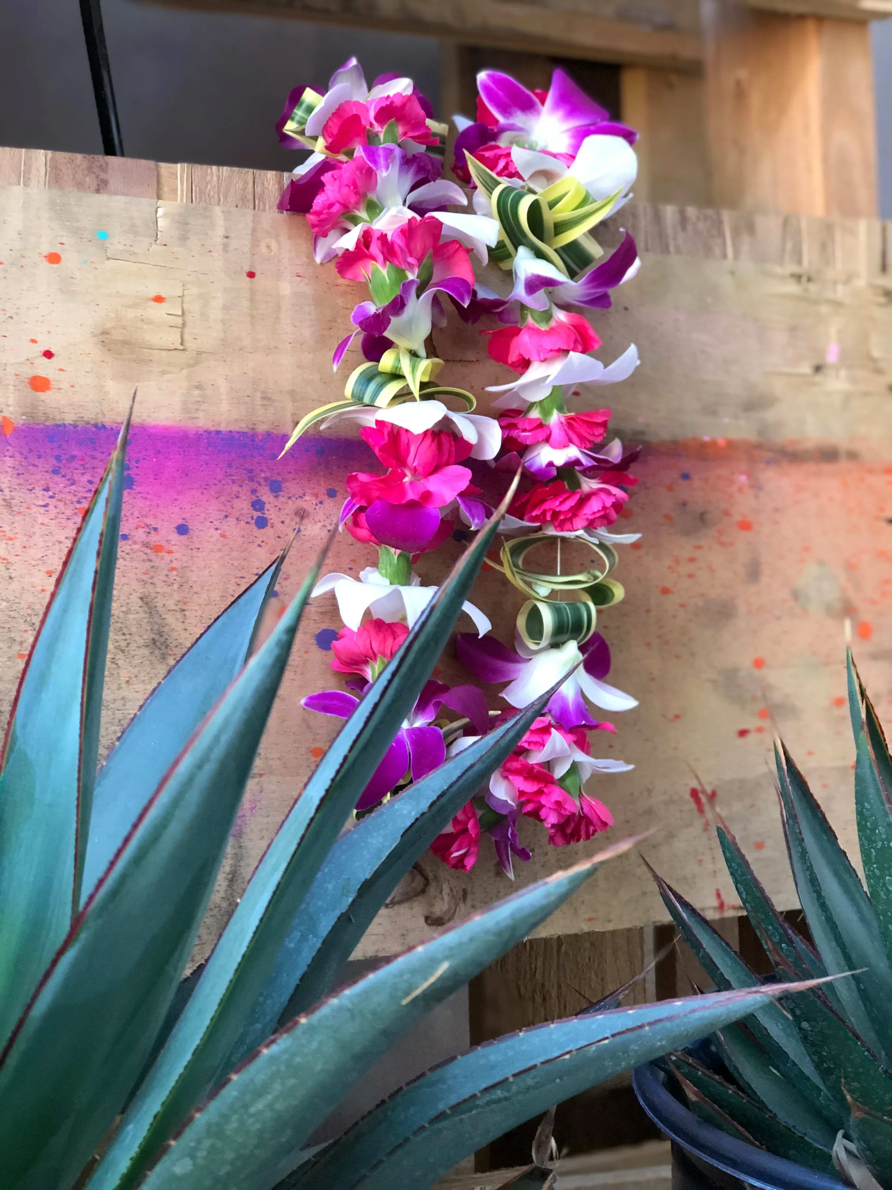 Bright and beautiful - This lei is the perfect unique, bright and beautiful way to let someone know they are loved!  White and Purple dendrobium orchids, hot pink mini carnations, Song of India make up this beautiful vibrant lei.  PLEASE ORDER AT LEAST 3 DAYS IN ADVANCE. THANK YOU! 