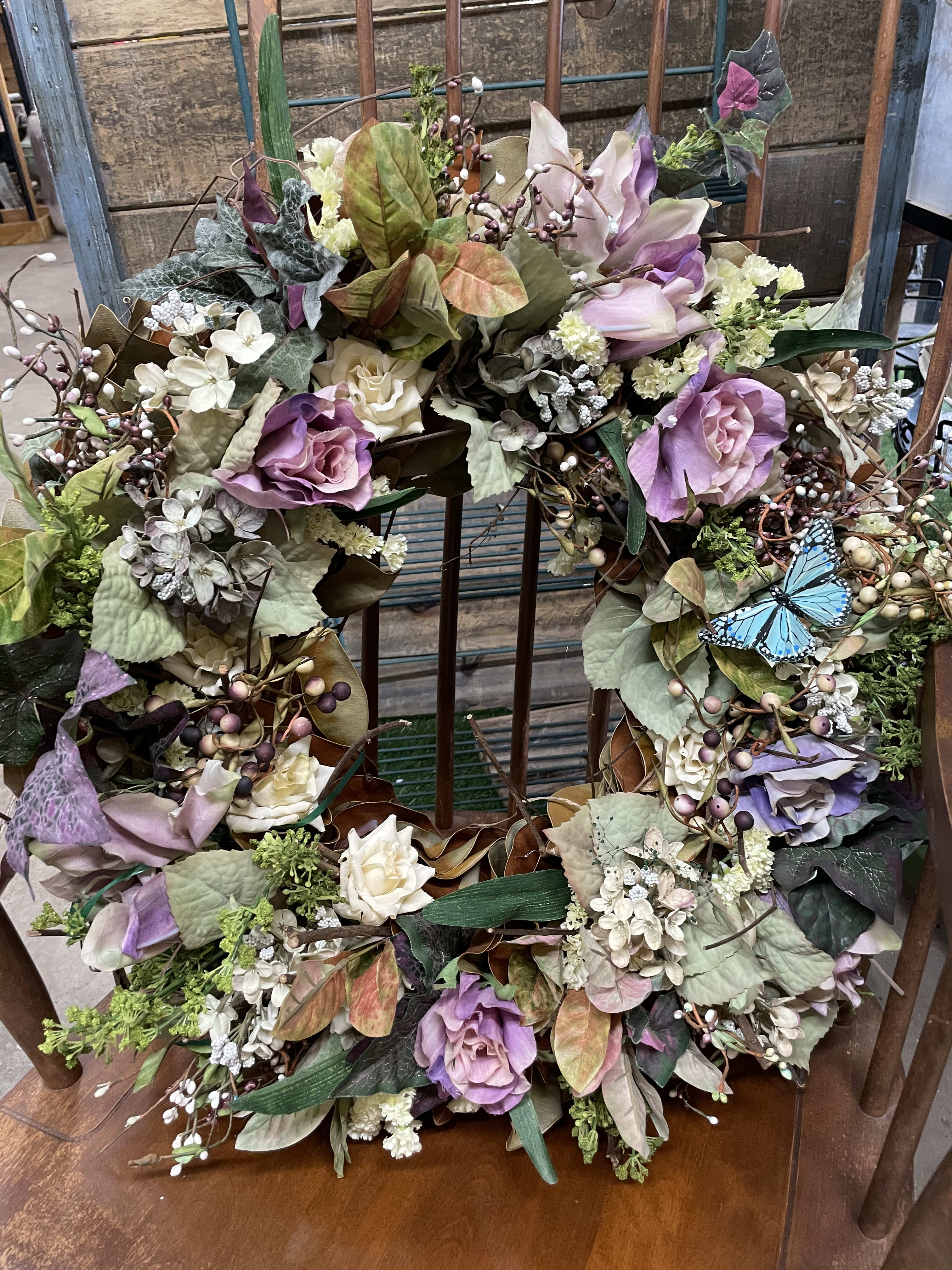  Summer Wreath - Custom designed wreath, comes in a variety of color pallets, we use evergreens, dried and silk blooms and interesting natural touches. Perfect for the front door. 