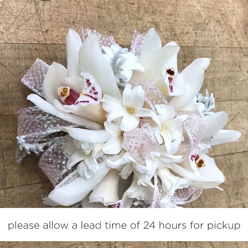 White Cymbidium Wrist Corsage W Dusty Miller In Pasadena Ca Jacob Maarse Florists White Cymbidium Wrist Corsage W Dusty Miller In Pasadena Ca Jacob Maarse Florists