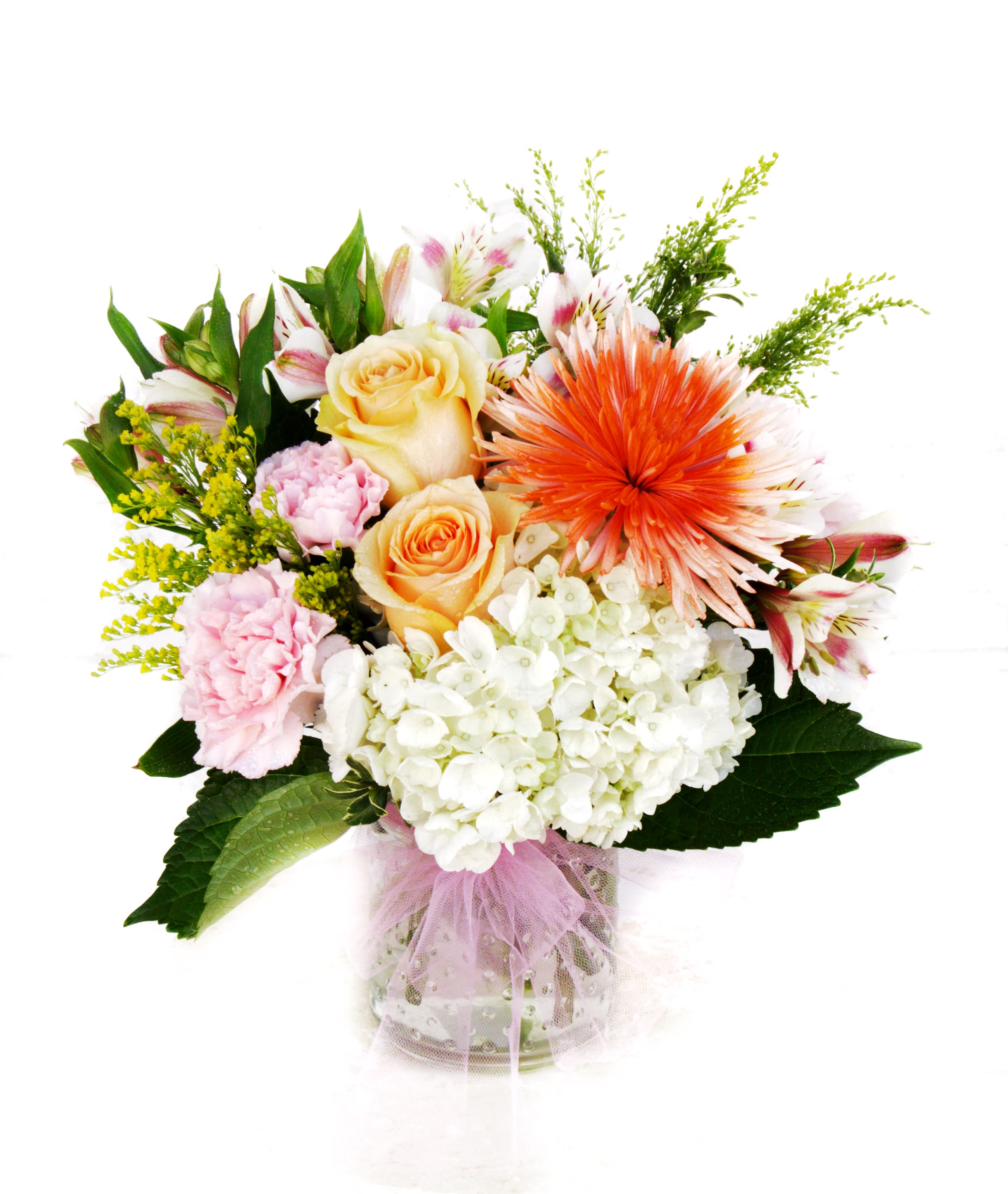 Orange Pop - A pretty design with hydrangea, rose, mum, astroemeria and accents.
