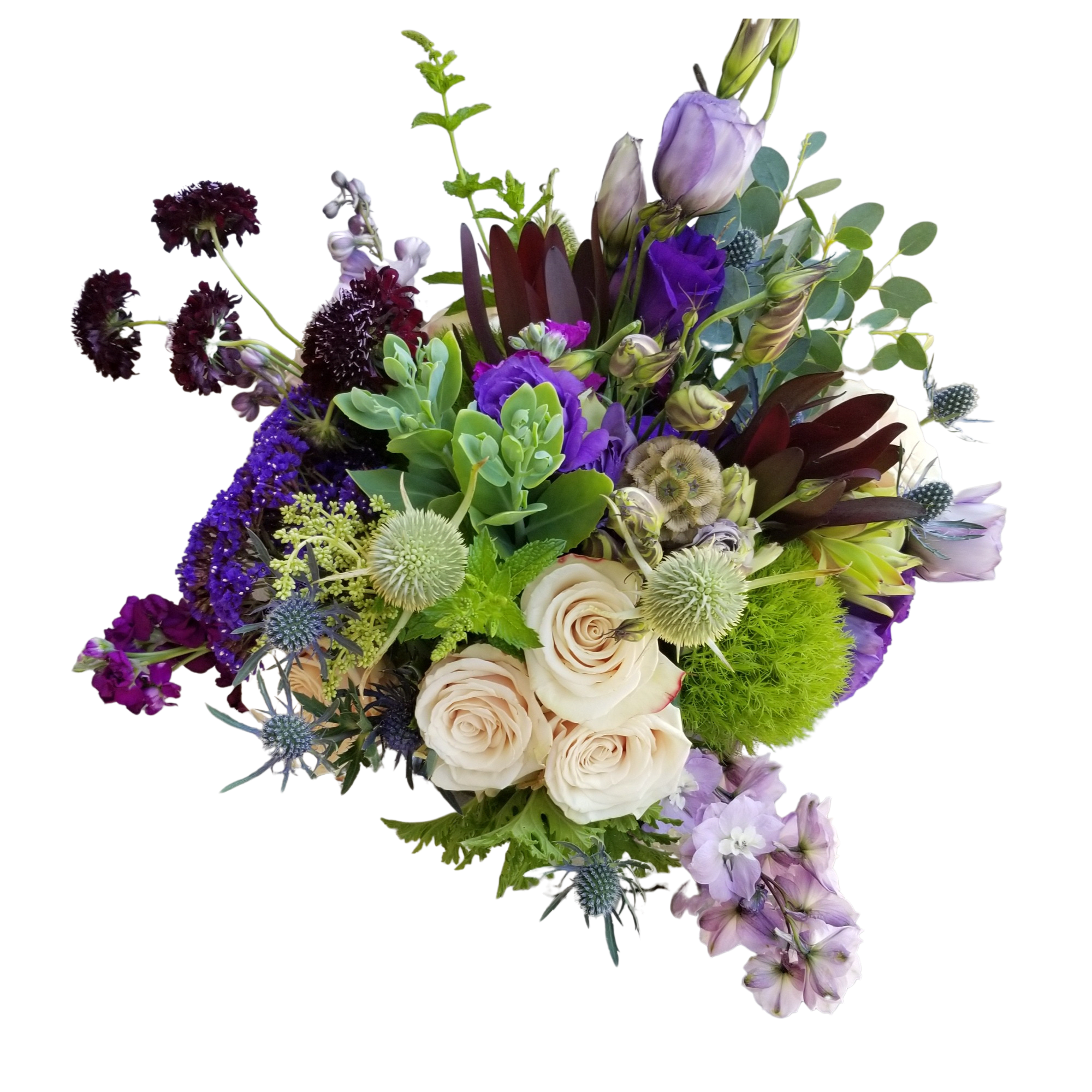 Summertime Blues wildflower arrangement. Summertime Blues wildflower arrangement. - An eclectic mix of blues , lavenders and crème and off white. Due to market circumstances flowers in the image may be different.