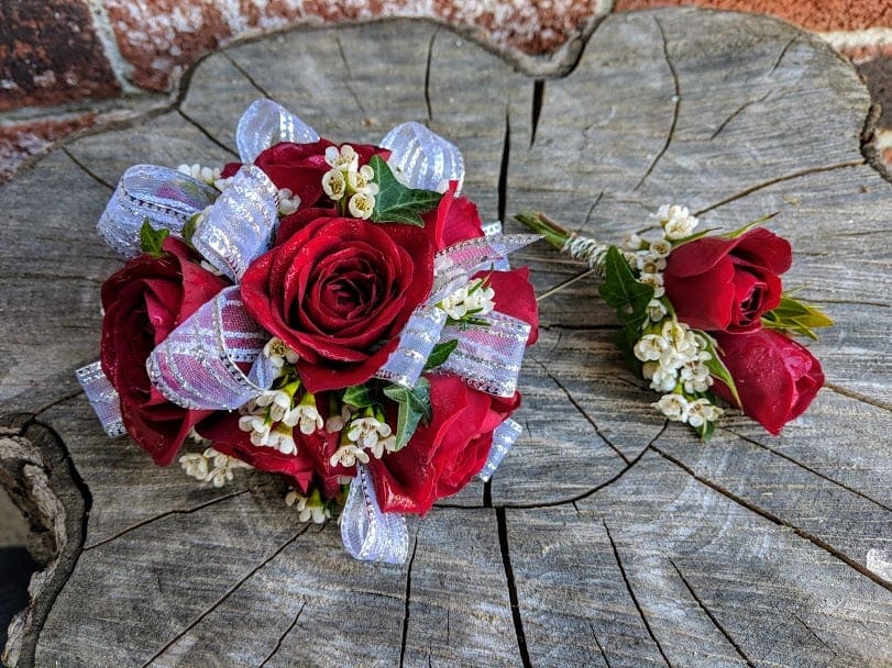 Red & Silver Corsage Combo in Londonderry, NH | Harrington Flowers