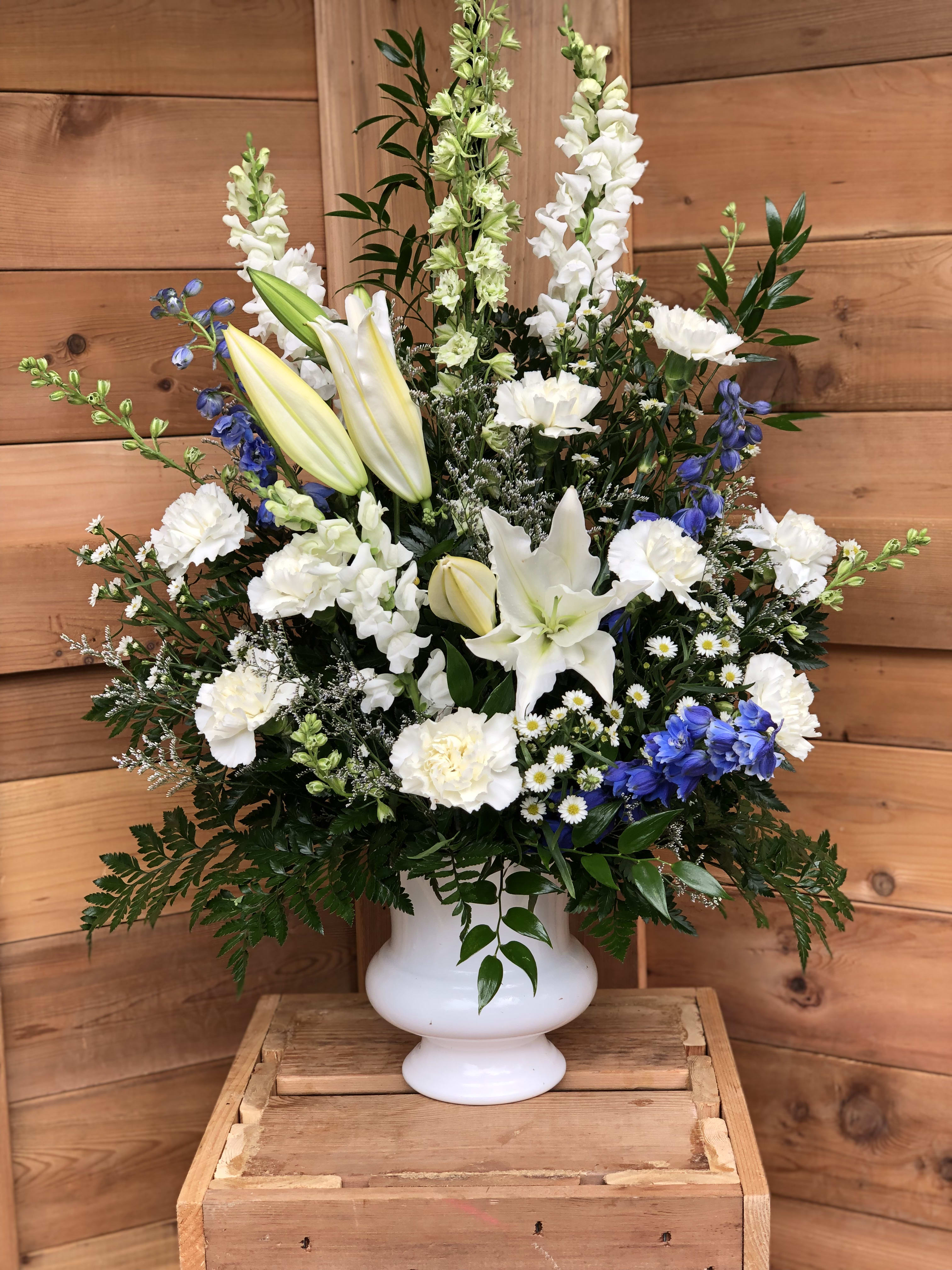 Blue and White Urn Flower Arrangement in La Plata, MD Gateway Florist