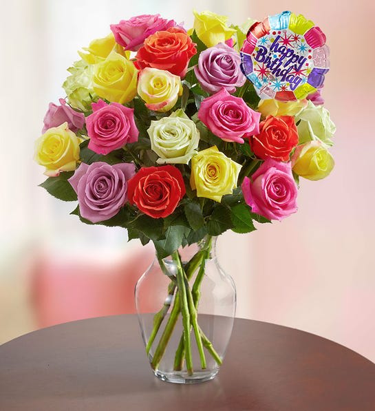 Happy Birthday Assorted Roses,  - If they color your world, brighten their birthday with our vibrant rose bouquet. Colorful blooms in the perfect colors for their special day, paired up with a cheerful balloon to add some extra happy.  Gathering of assorted roses, available  24 stems; colors may vary based on availability Mylar “Happy Birthday” balloon; air-filled; measures 4&quot;D Picked fresh on our premier farms around the world, our flowers are cared for every step of the way and shipped fresh to ensure lasting beauty and enjoyment. Add to their gift: