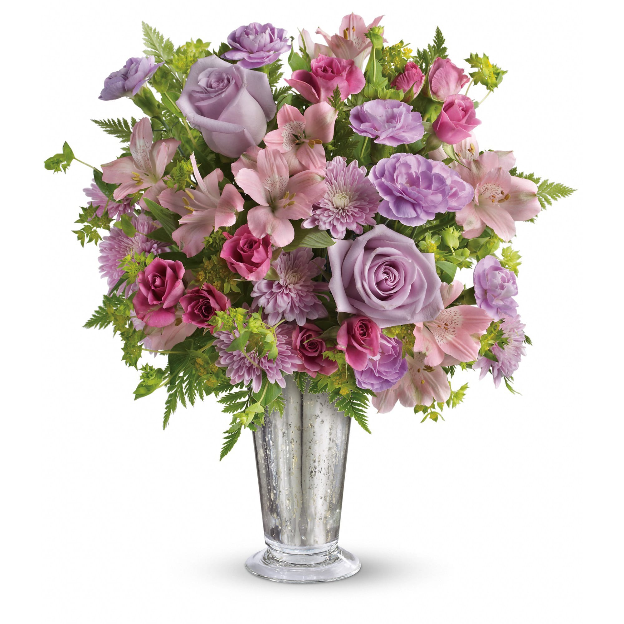 Sheer Delight Bouquet - The essence of femininity. Delight her with flirty-fun lavender and pink blooms presented in a gorgeous Mercury Glass julep vase. It's a gift that will sparkle in her memory forever. 