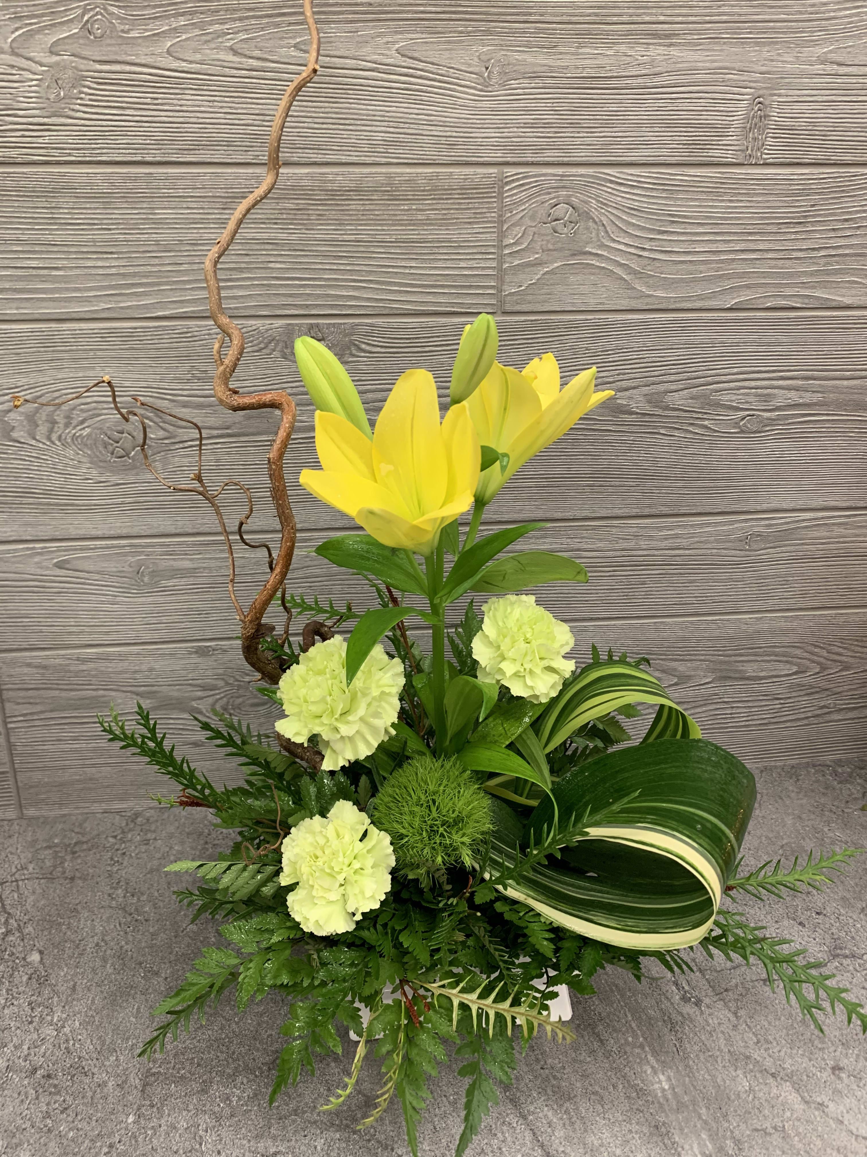 Zen Artistry Zen Artistry - Need a little "Zen" to relax or bring some calm to your day? This modern design of Lilies, Carnations and Aspidistra leaves can help. Perfect for Get Well, A new office, Thank you, or Just Because.