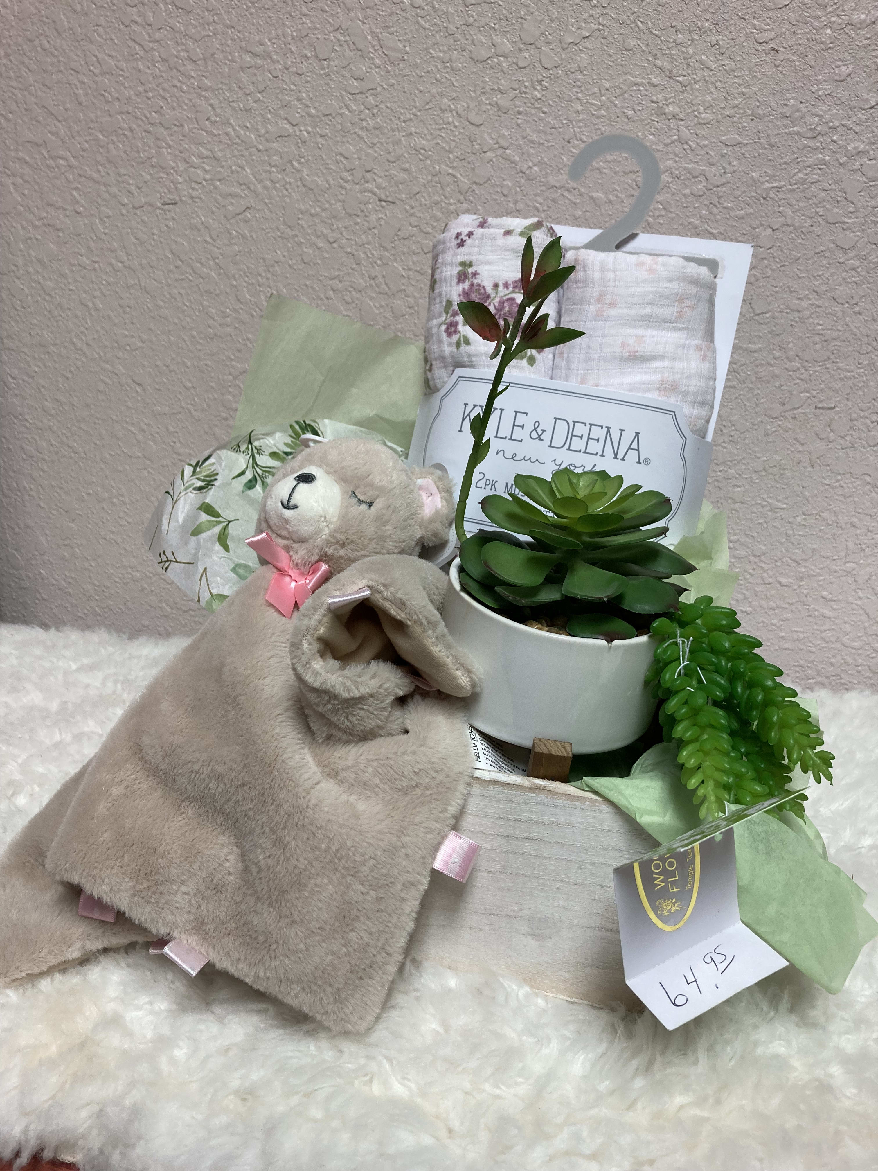Baby Girl Gift Basket - Succulent with teddy bear and two muslin towels.