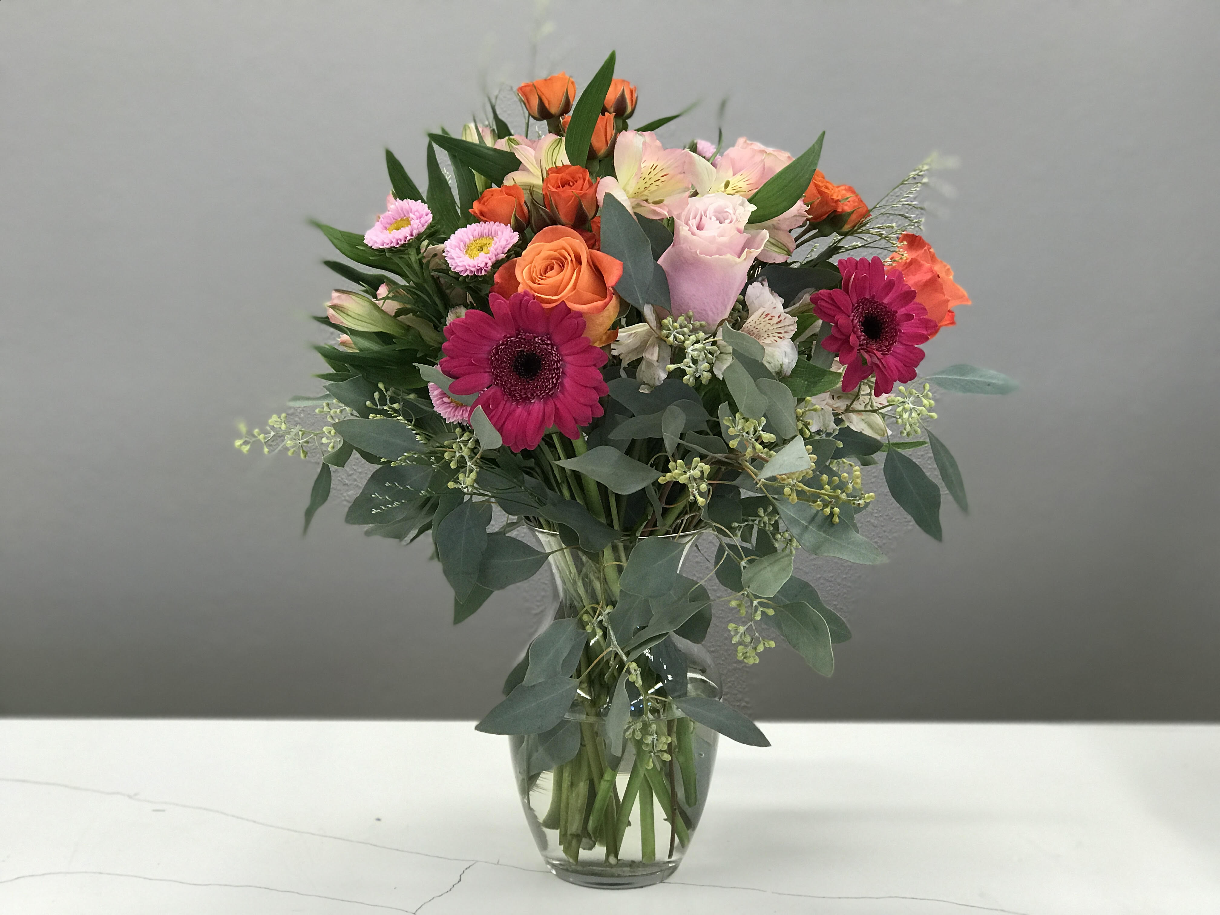 Vibrant Autumn - Fall pinks and oranges with seeded eucalyptus- perfect for any and every autumnal occasion!
