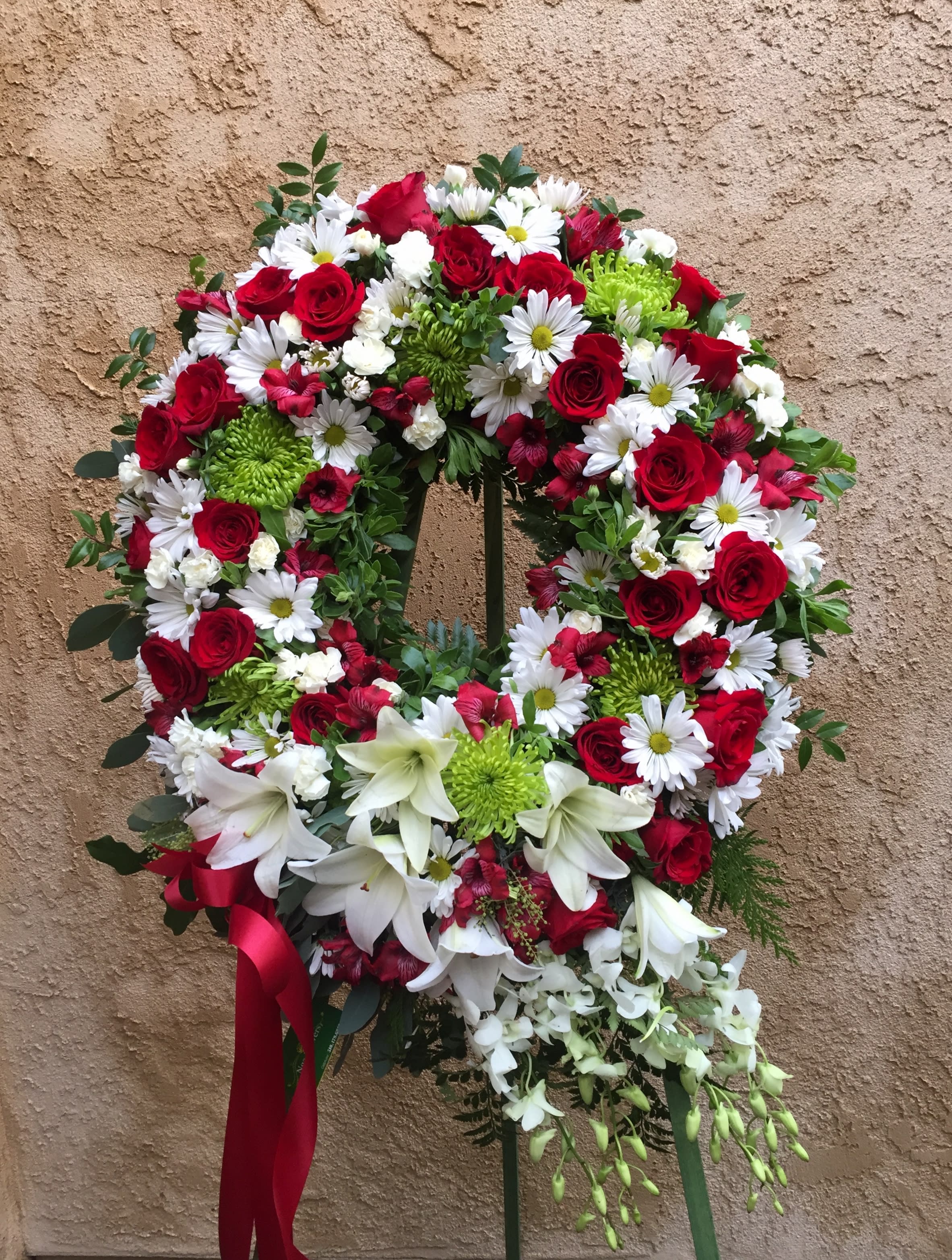 Funeral Wreath 7 - Funeral wreath with red, white and green including rose, lily, orchid, mum, pompon...