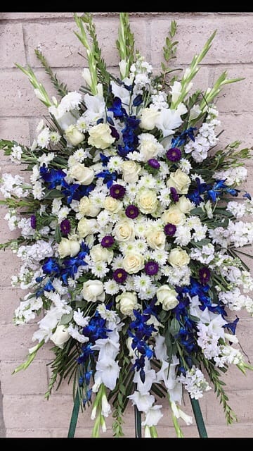 Galaxy Wide Blue and White Funeral Flowers Spray