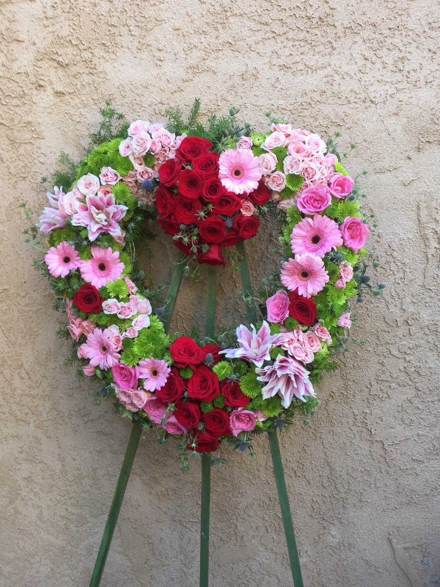 Heart Spray 2 - Funeral heart-shaped spray with roses, lilies, gerberas, carnations, daisies and greens