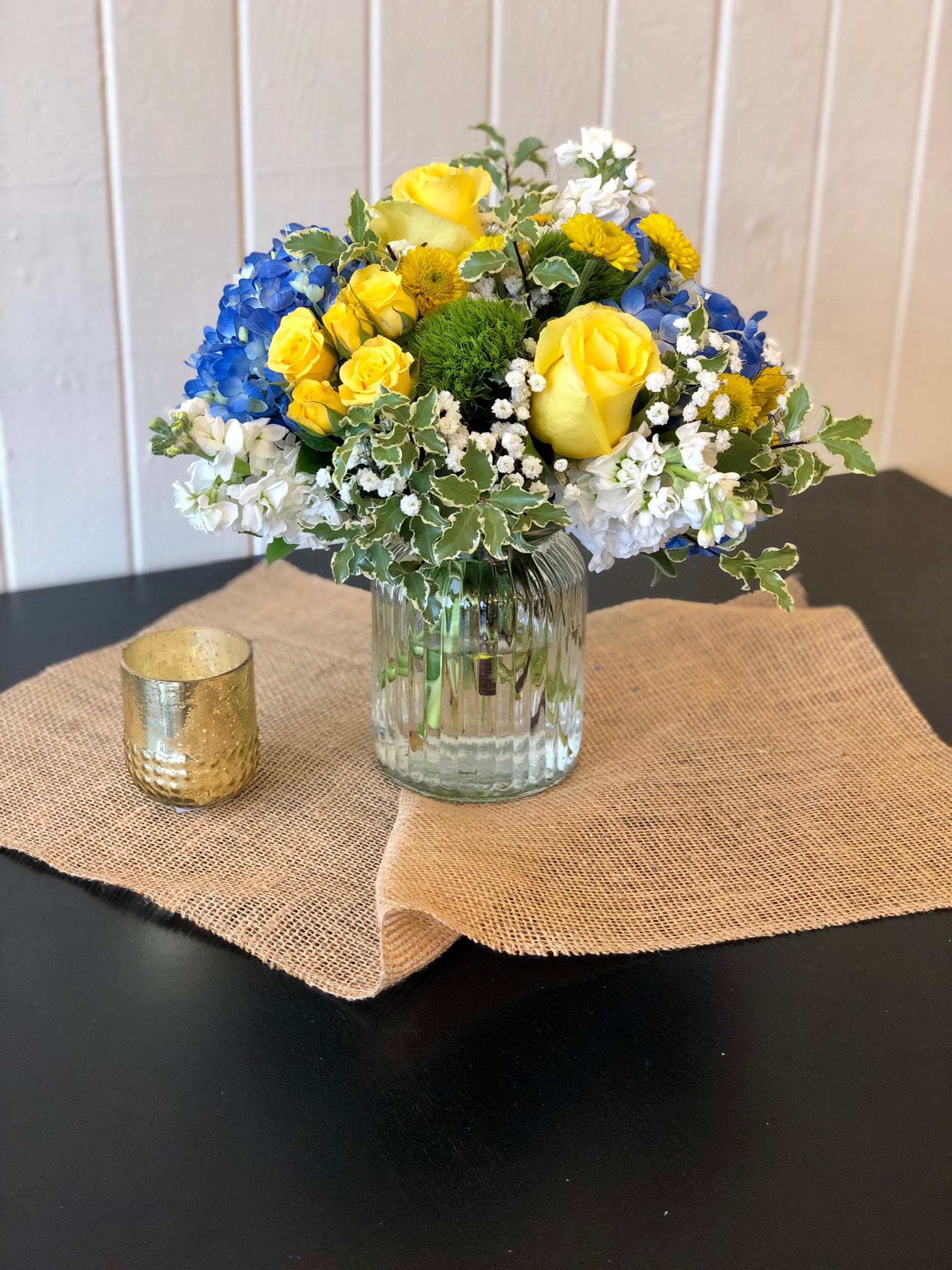 Blue & gold Jam Jar by Flowers by Coley