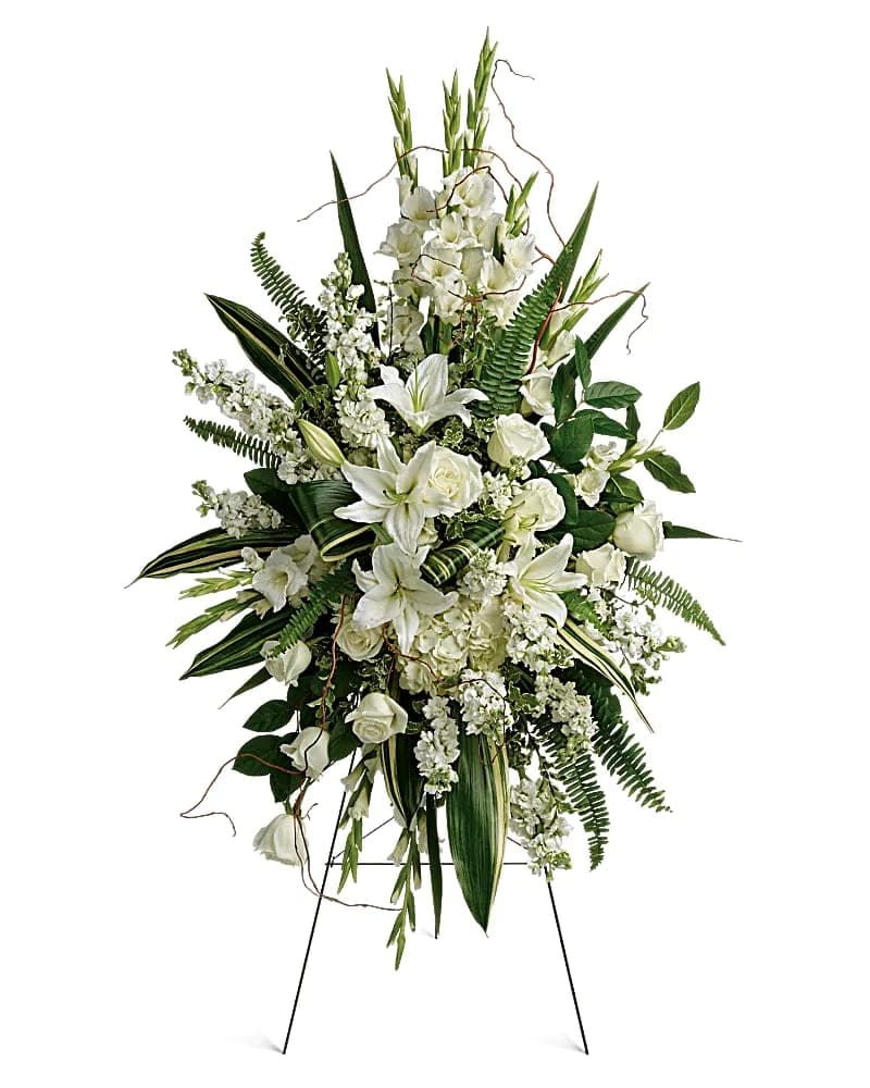 Sympathy and Love  - This beautiful spray includes white hydrangea, white roses, white oriental lilies, white gladioli, white stock, pitta negra, sword fern, curly willow, variegated aspidistra leaves, and lemon leaf. Delivered on a wire easel.