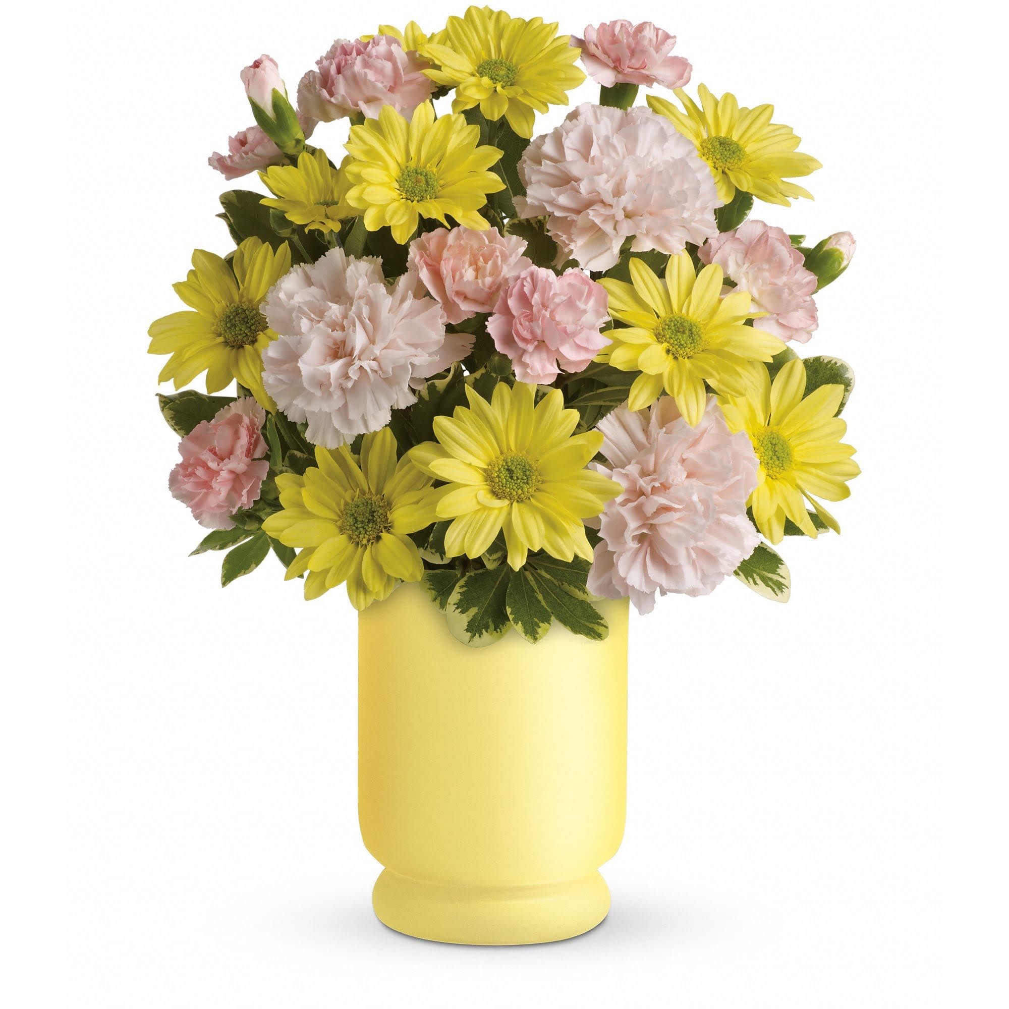 Teleflora's Bright Day Bouquet Teleflora's Bright Day Bouquet - Give them sunny! Smiley carnations and happy daisies burst cheerfully from a yellow pedestal design vase. It's a bright arrangement-and a brilliant gift.