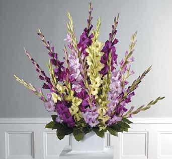 Mixed Gladiolus Pedestal - Lavender, purple and green gladiolus when available an in season create a stunning tribute for any service.