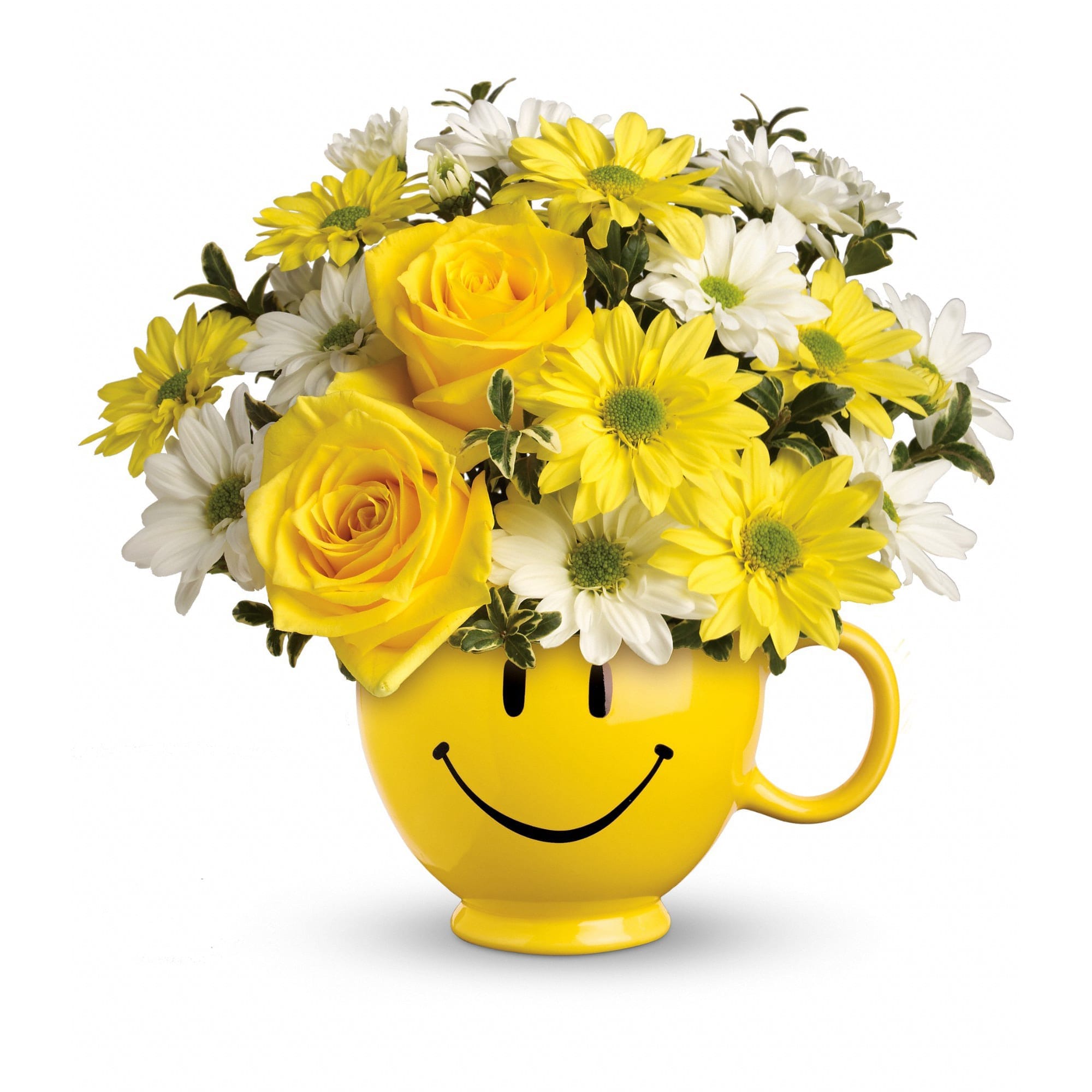 Teleflora's Be Happy Bouquet With Roses  - There are probably a million reasons this is such a popular bouquet. Of course, there are probably just as many reasons to send this cheerful arrangement. Full of happy flowers, this ceramic happy face mug will bring smiles for years to come. Especially when filled with that first cup of morning coffee or cocoa!