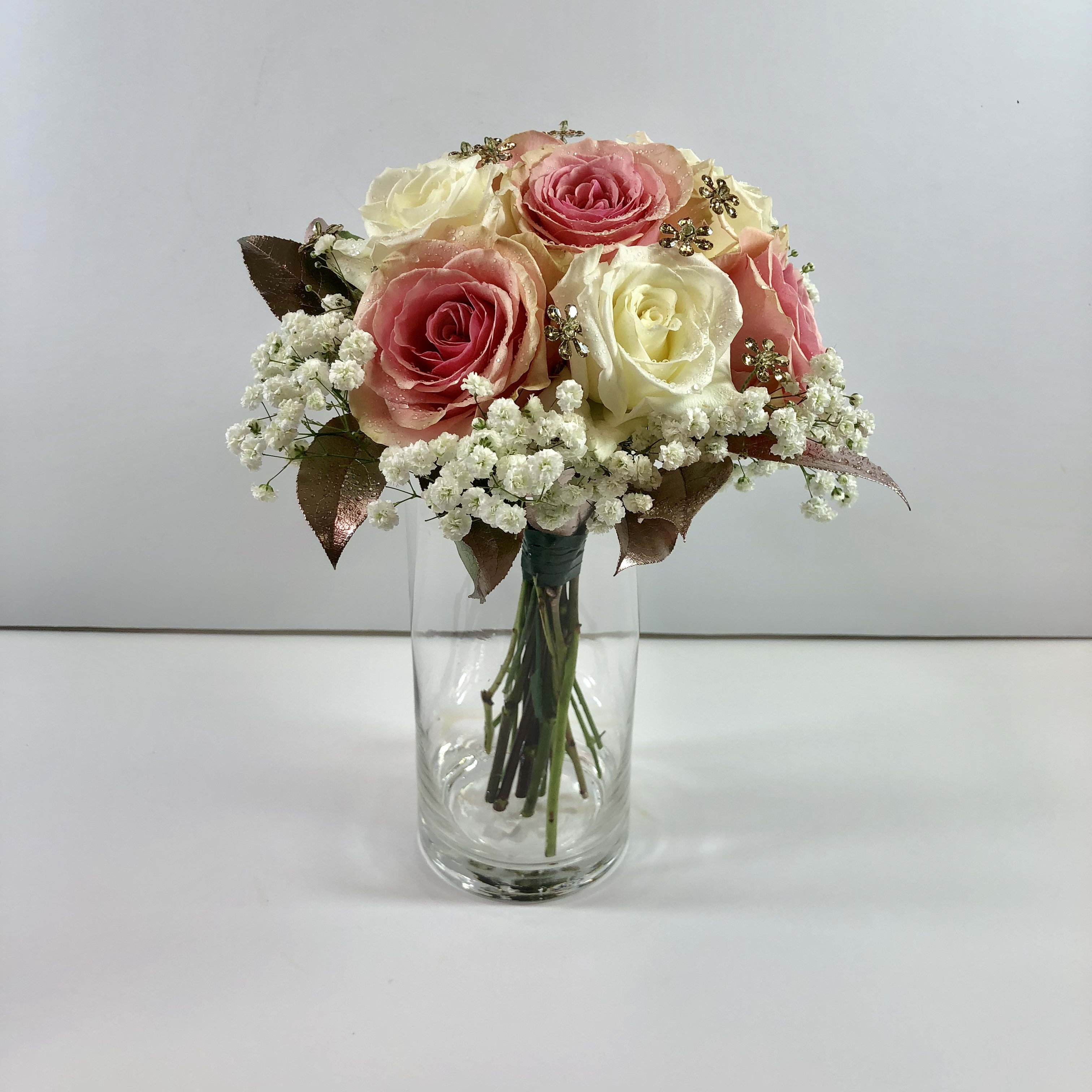 C19 Rose Prom Clutch with Metallic Accents  - This prom clutch consists of roses and rose gold leaves and sparkling jewels.  Each design is customized for your date and her amazing dress.