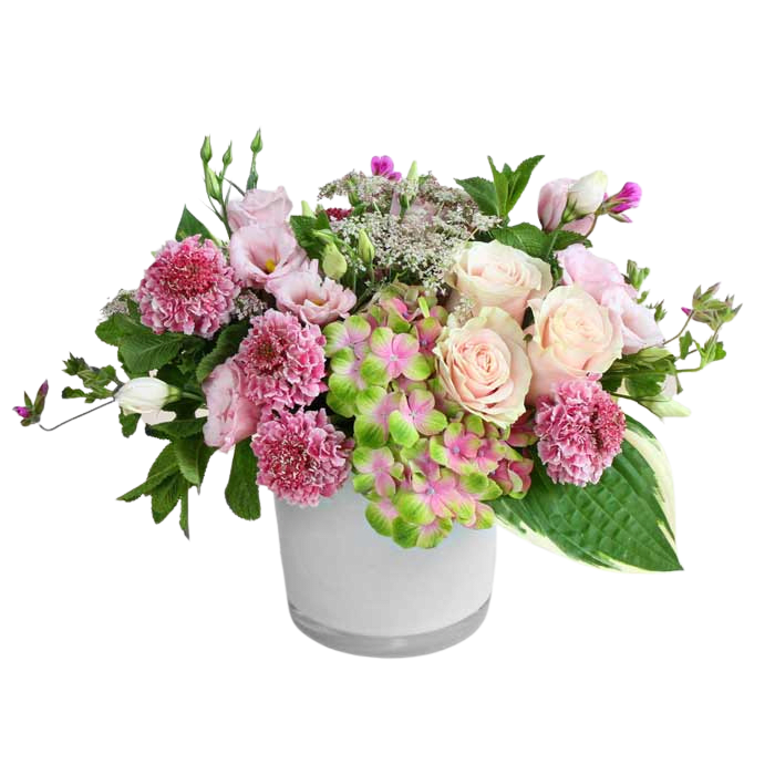 Summer Pink Bowl - A pink spring flower bowl with seasonal pink summer and spring flowers like Hydeangea Gardenroses, Tulips, Sweet Peas, Anemone, Ranunculus, Calla Lily, and interesting greenery. This is also a market  arrangement and actual flowers can be different We will attempt to come as close as we can